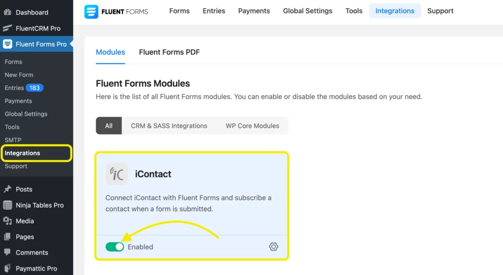 active iContact on integration modules - Fluent Forms