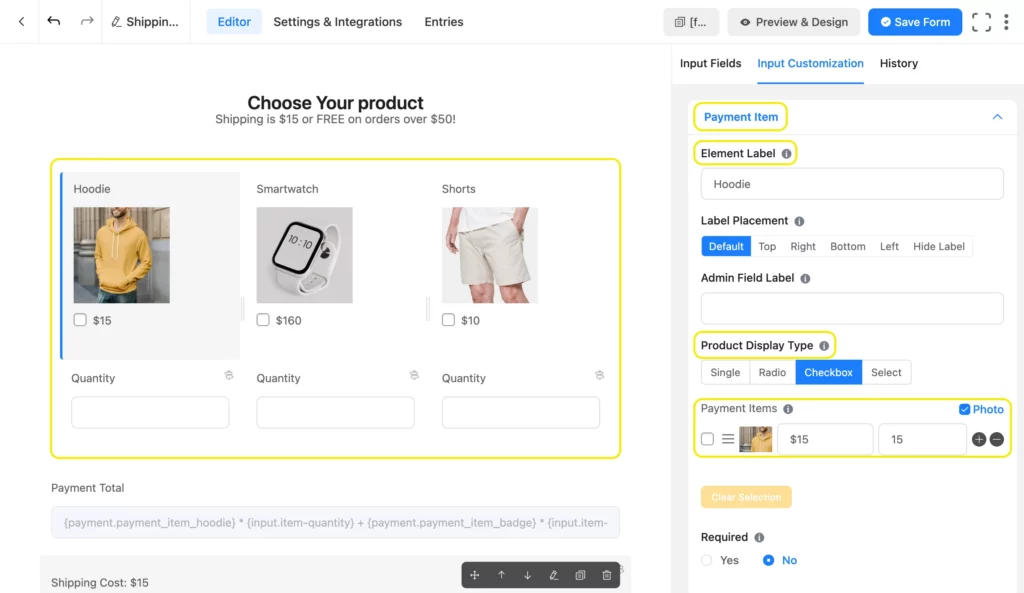 Payment Items - WordPress contact form