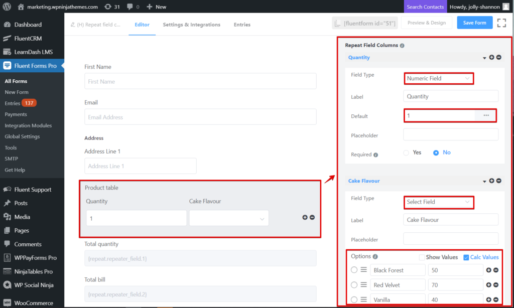 product table - Fluent Forms