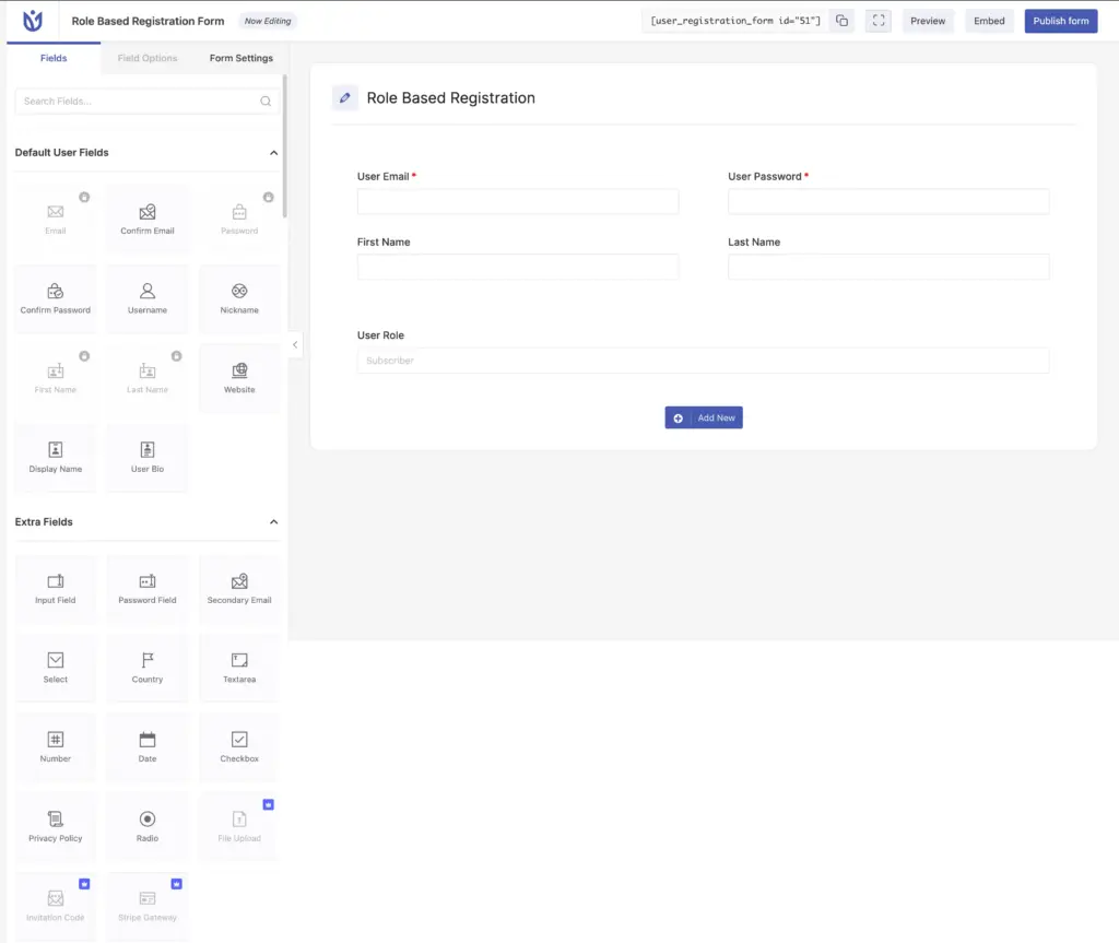 User reg editor - with Email, Password, First Name, Last Name, User Role