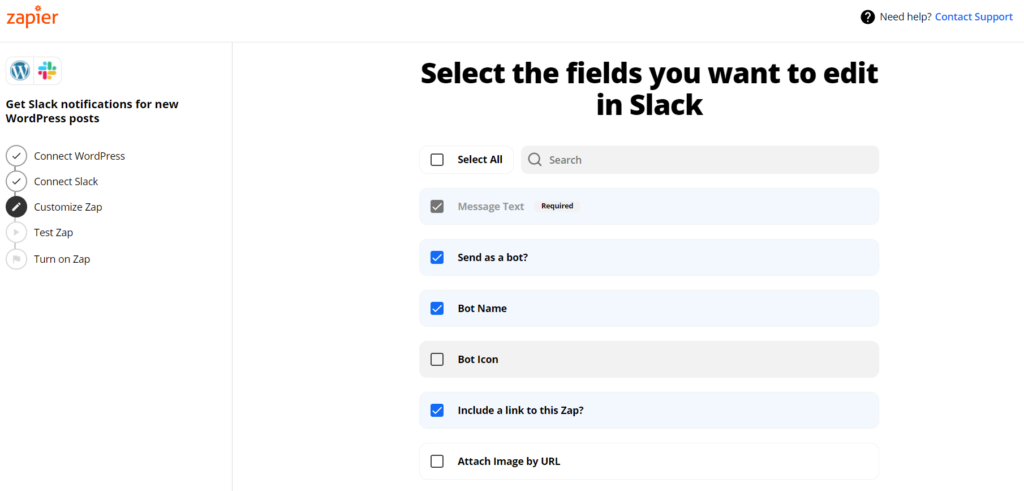 Customize Zap to connect Slack to your WordPress site
