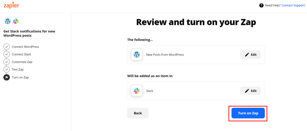 Review and Turn on your Zap