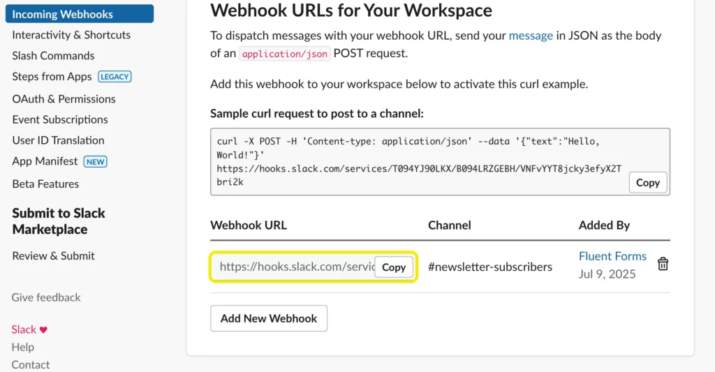 Copy Webhook URL to integrate Slack