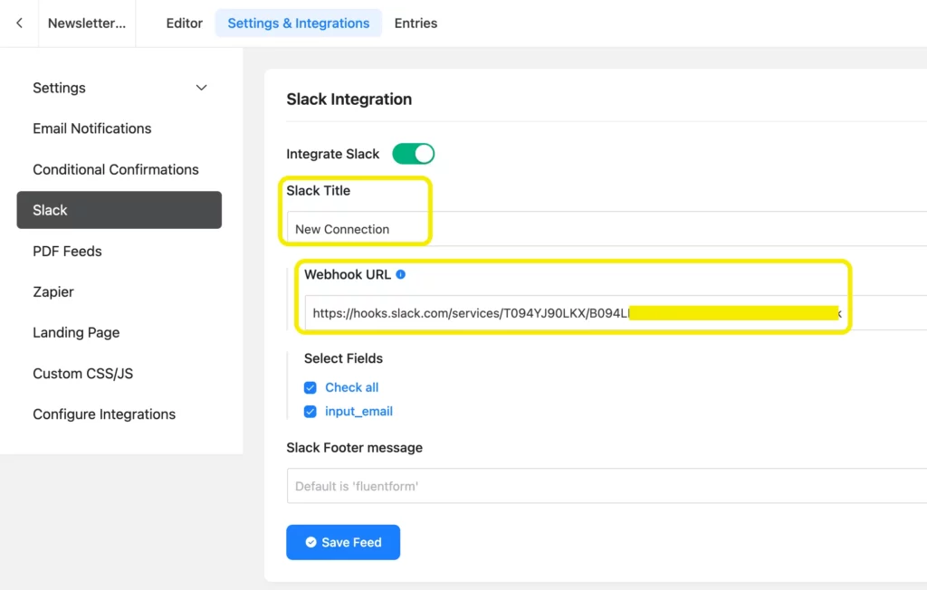 Paste Webhook URL to integrate Fluent Forms