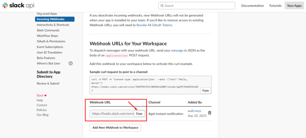 Copy Webhook URL to integrate Slack