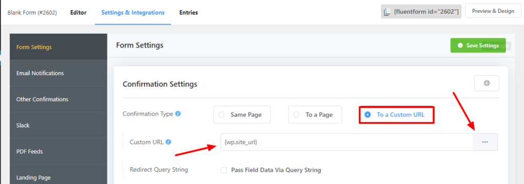 Fluent Forms Thank You Message direct to a Custom URL