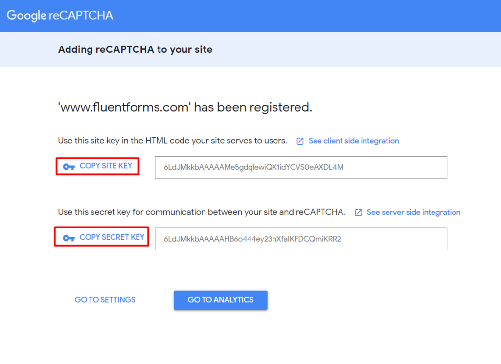 Google reCAPTCHA secret key set up