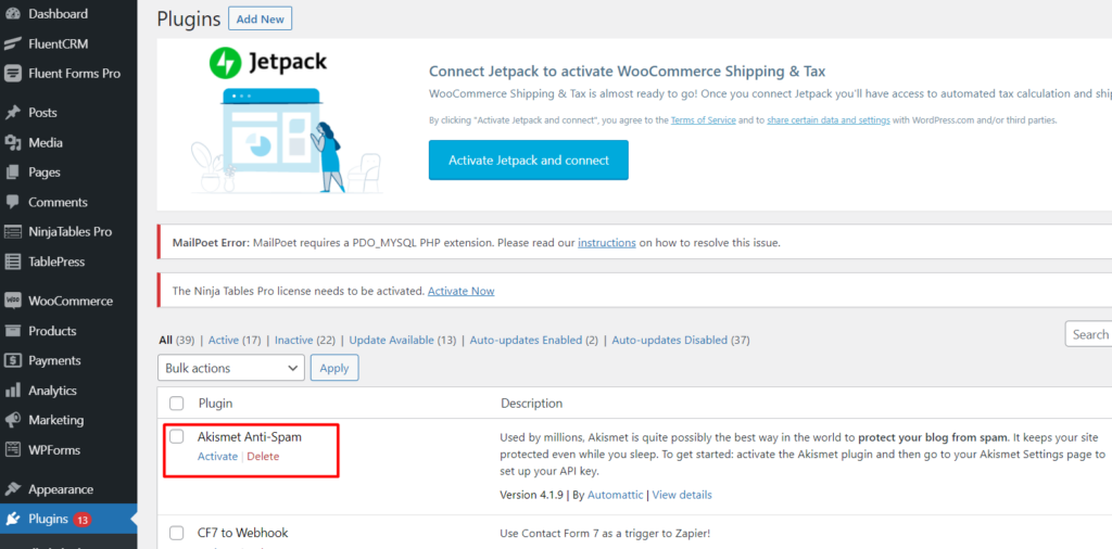 Akismet Anti-Spam activation in WordPress