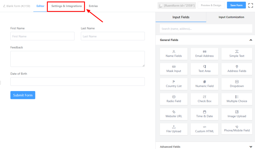 Settings and Integrations in Fluent Forms