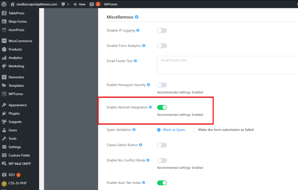 Enabling Akismet Integration to your WordPress forms