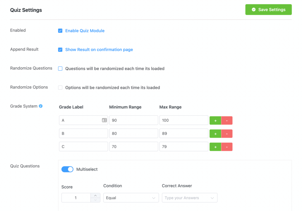 WordPress quiz maker plugin - Fluent Forms quiz settings