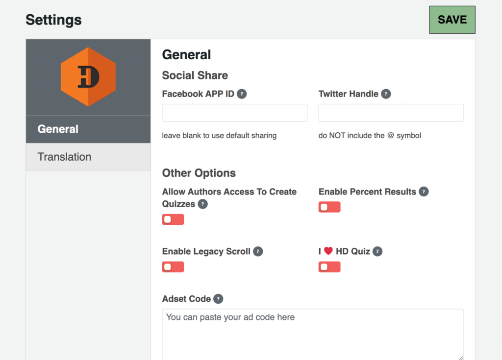 HD Quiz general settings