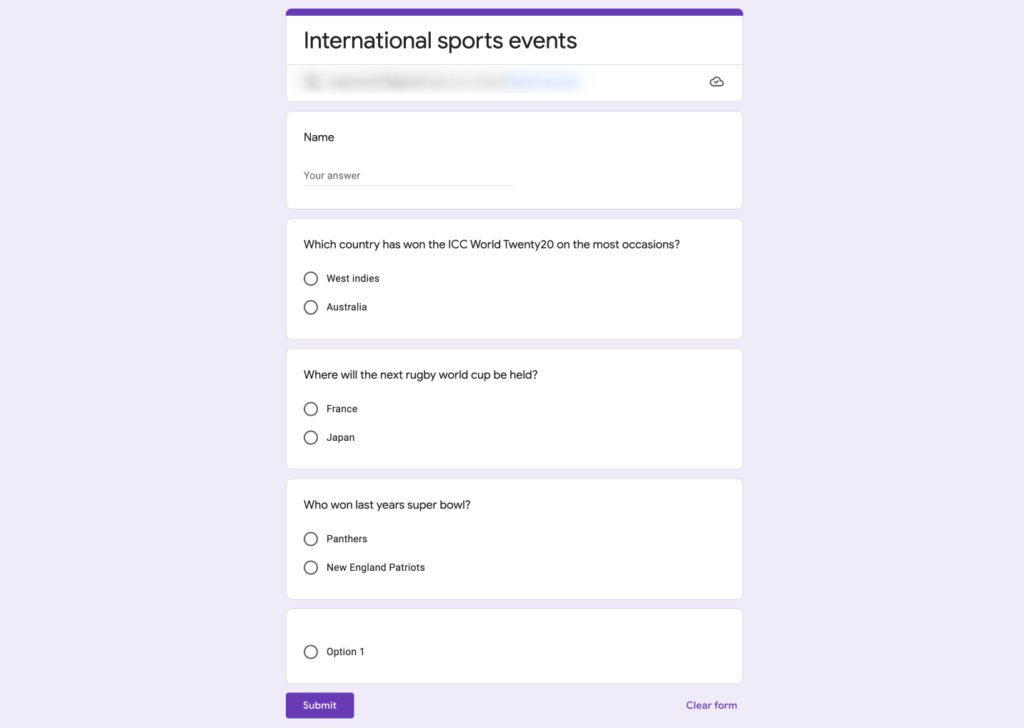 sports quiz idea on google forms