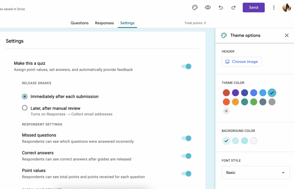 google forms settings tab design options