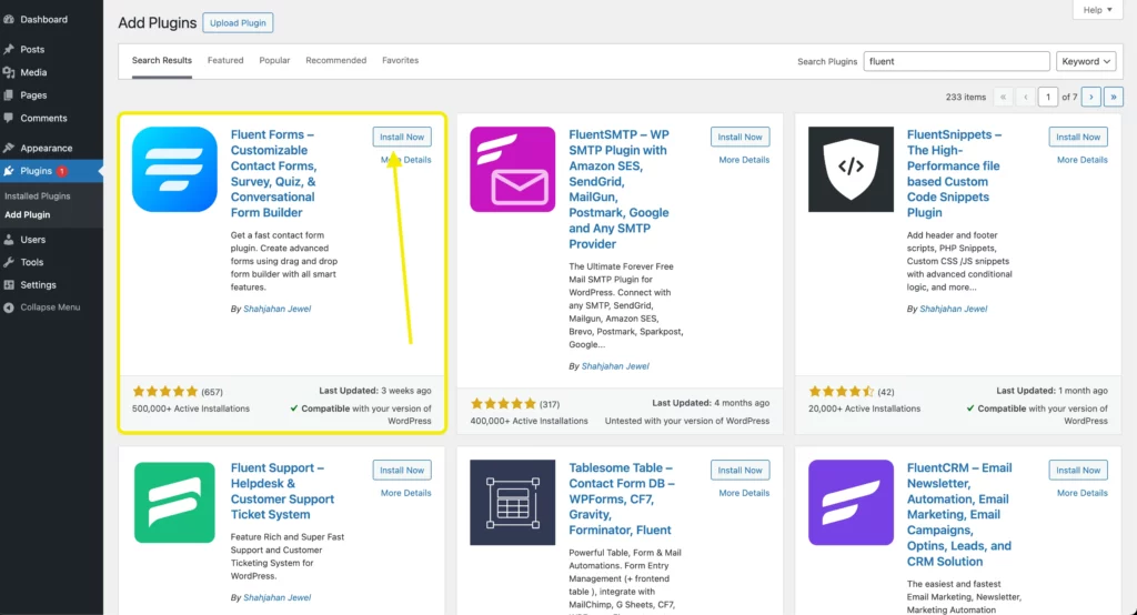 Search Fluent Forms in the search box of the plugins directory