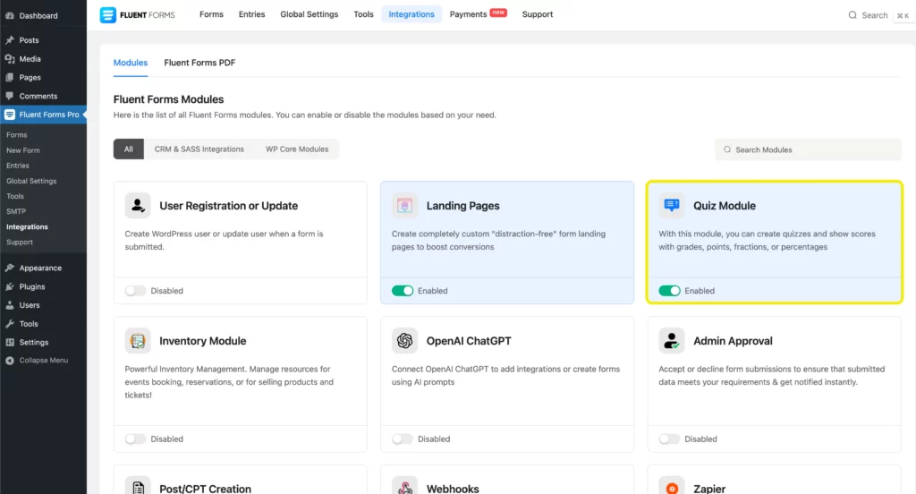 Quiz Module Fluent Forms WordPress contact forms