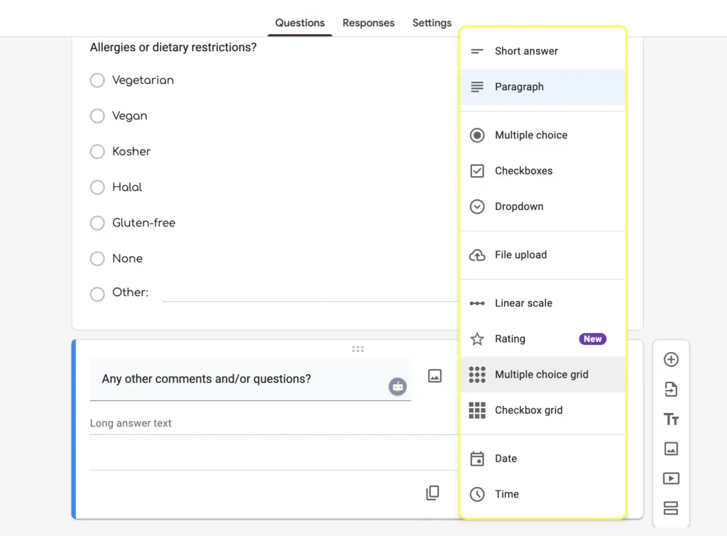 Google Forms input field types