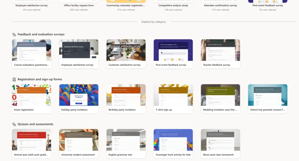 Microsoft Forms template gallery