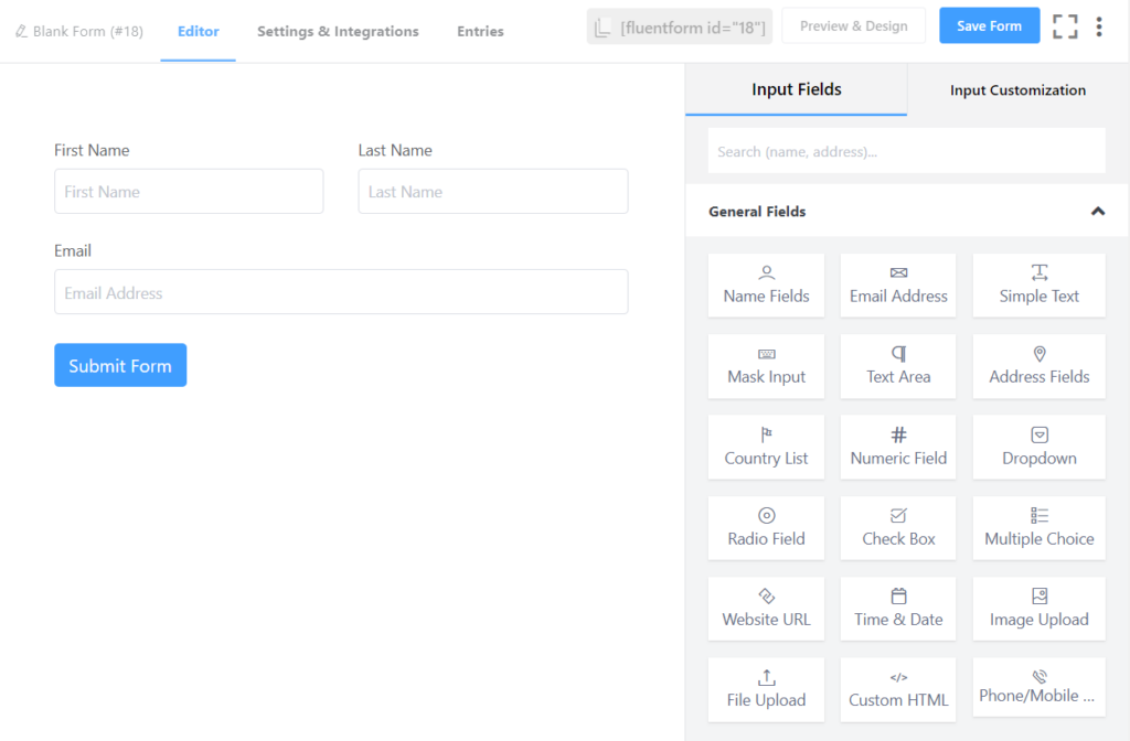 Fluent Forms form editor interface