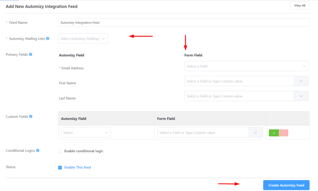 Mapping the input fields to create Automizy feed