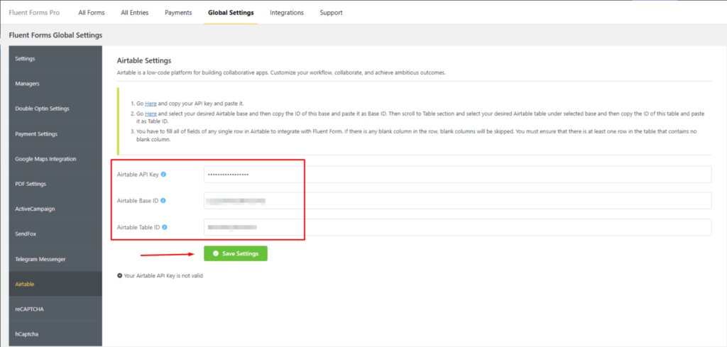 Pasting Airtable API Key, Base ID and Table ID 