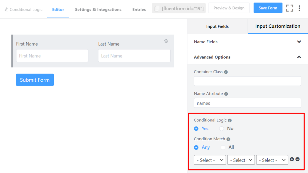 Fluent Forms conditional logic