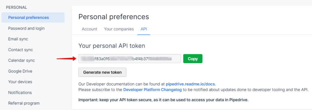 Pipedrive API token