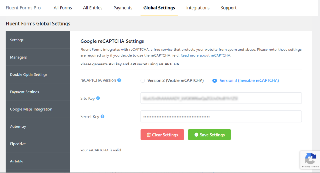 reCAPTCHA API Keys validation