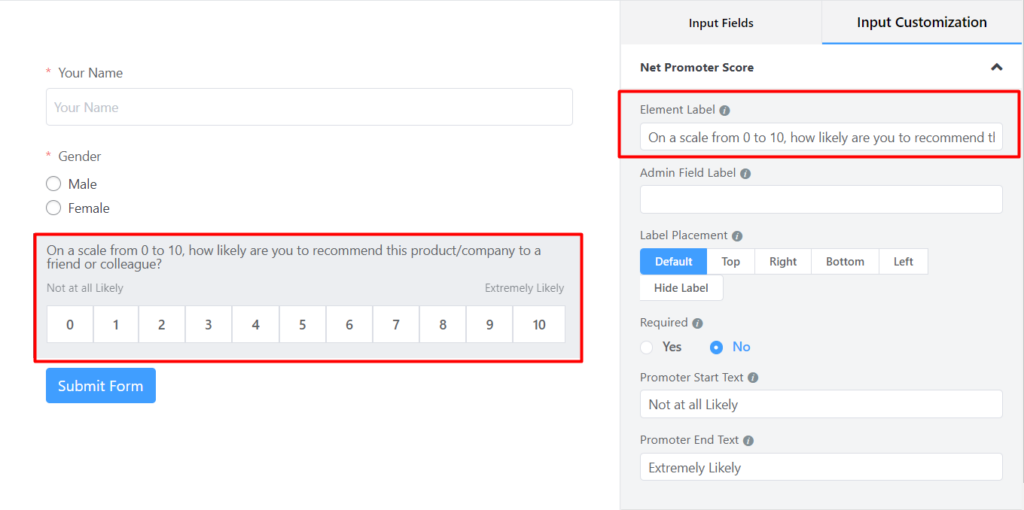 Net Promoter Score field input customization