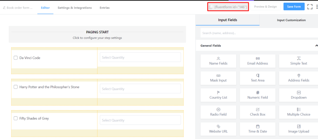 Publishing the form using Fluent Forms shortcode feature