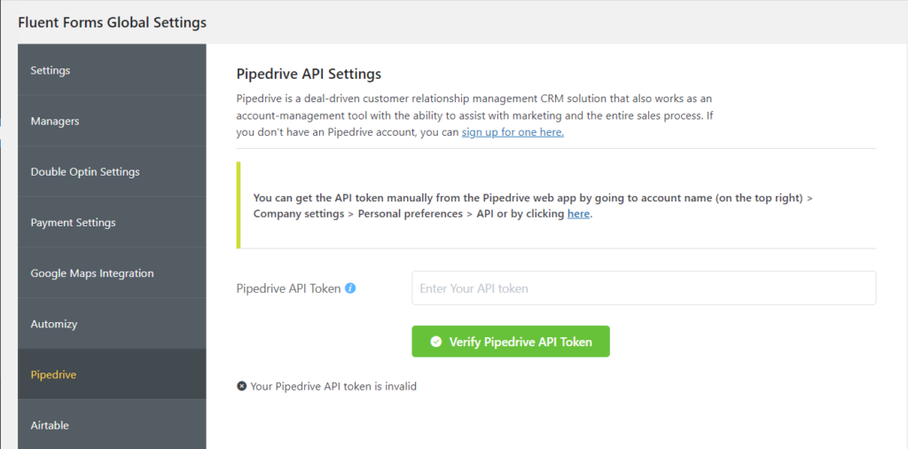 Pipedrive API Settings