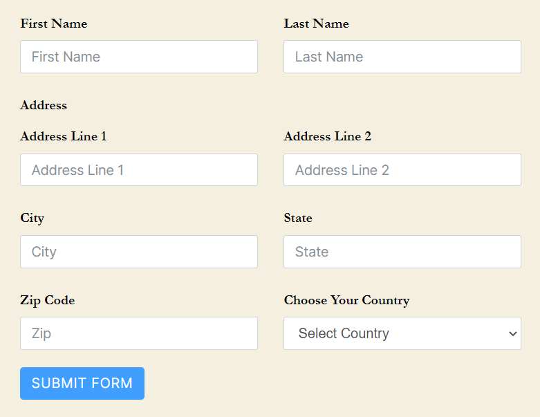 Form with country dropdown list