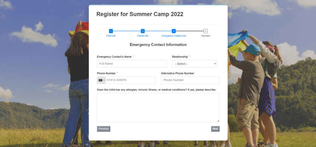 Emergency Contact Information for Summer Camp Registration Form