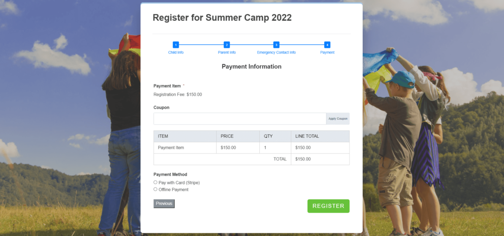 Payment Information for Summer Camp Registration Form