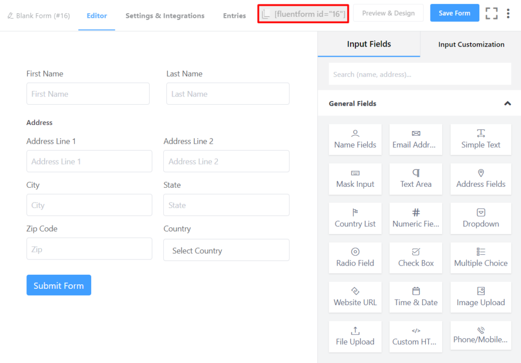 Fluent Forms shortcode feature