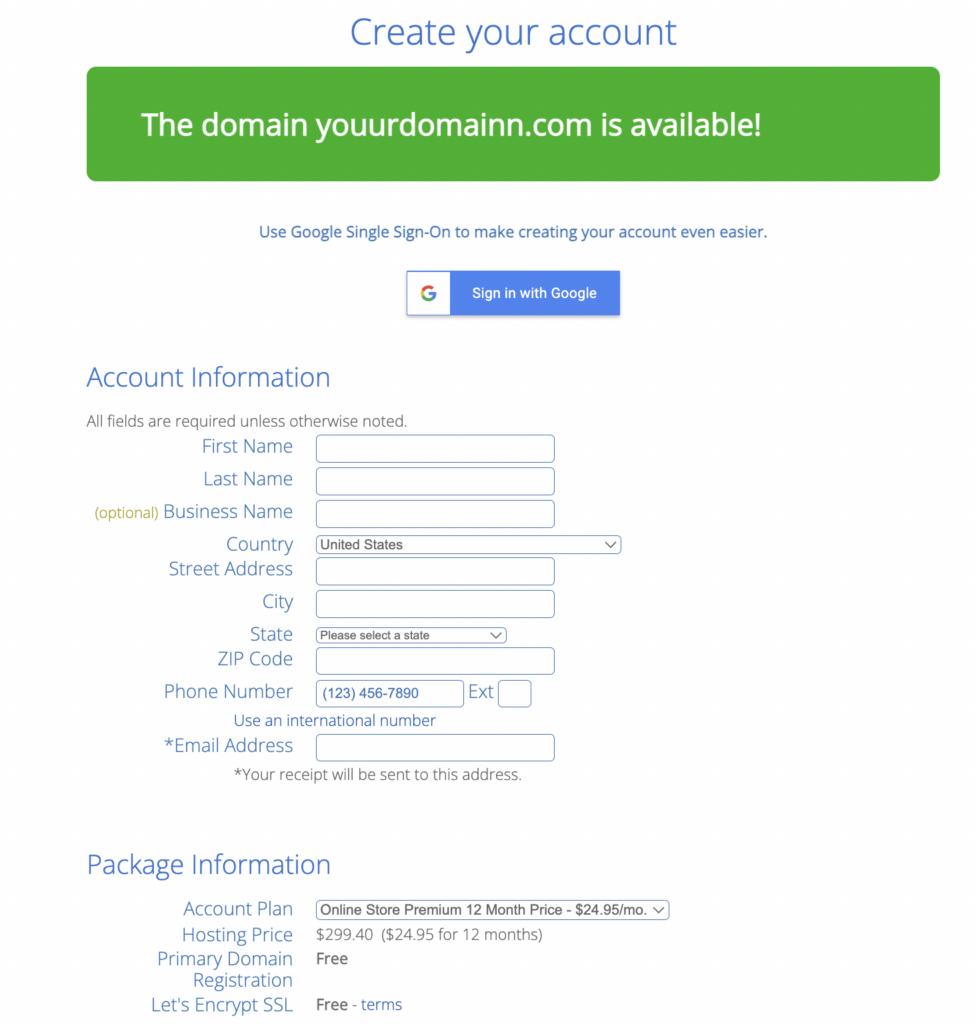 Bluehost account creation 