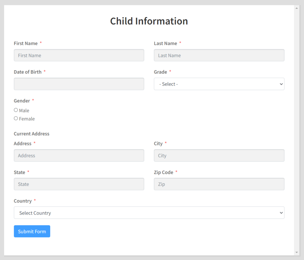 Child Information for Summer Camp registration form