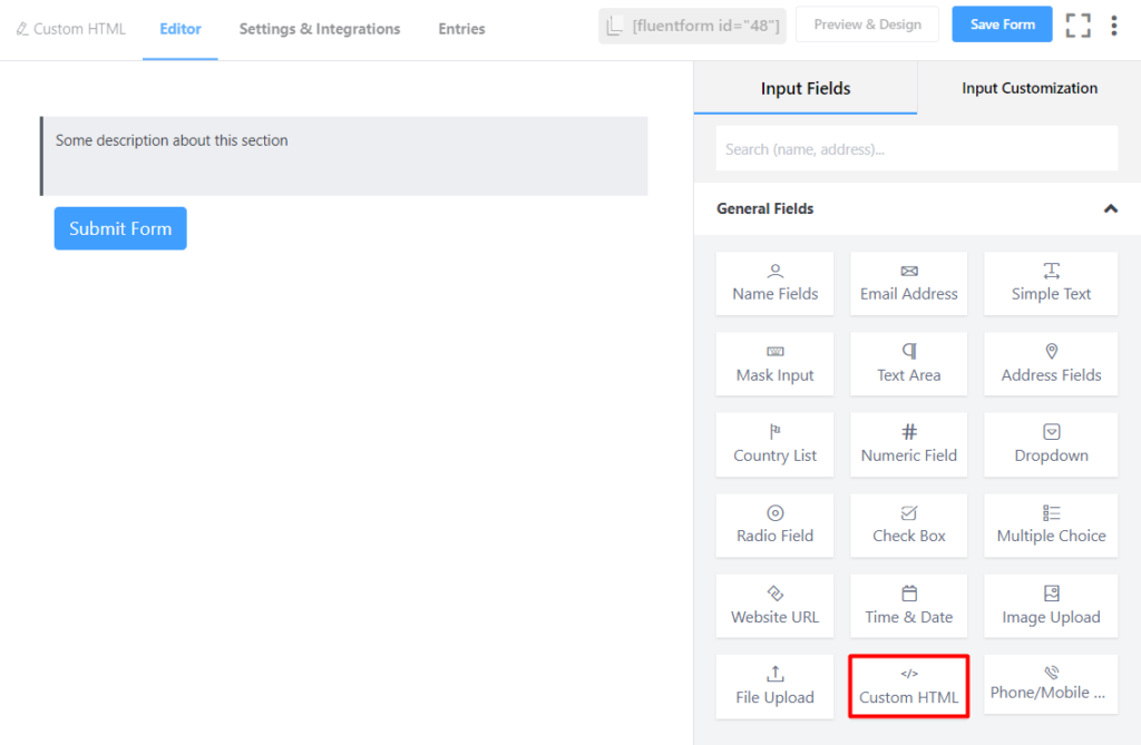 Adding Custom HTML input field in Fluent Forms