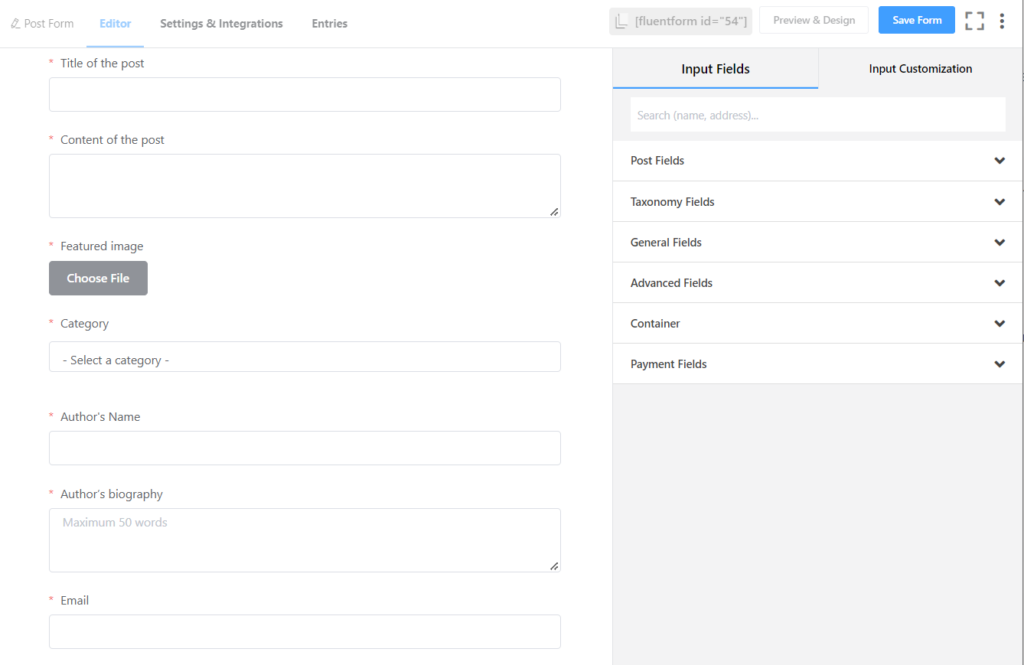 Various input fields in the post form