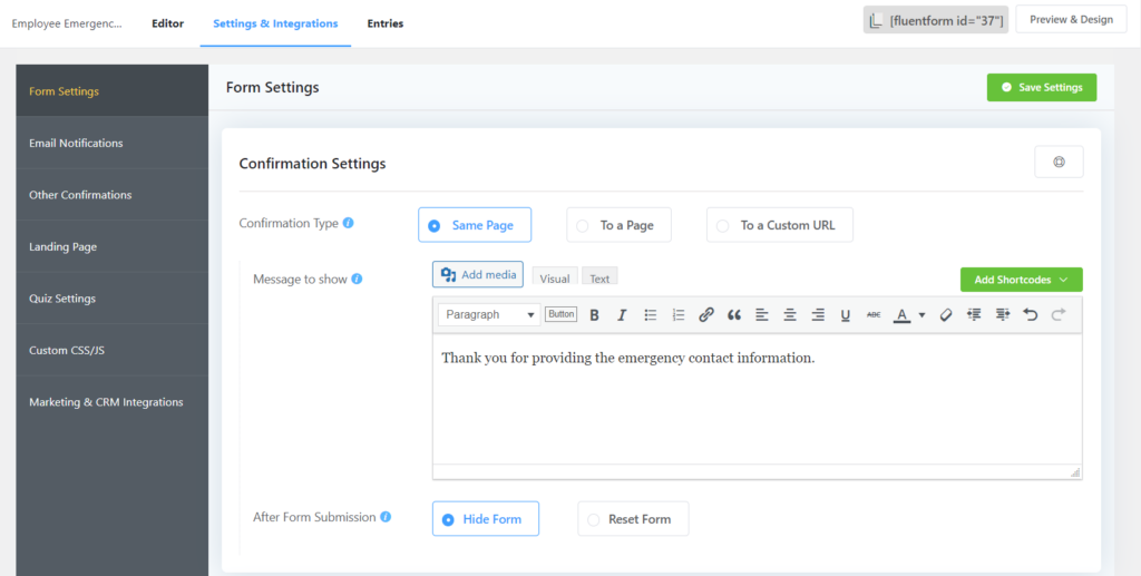 Configuring form settings