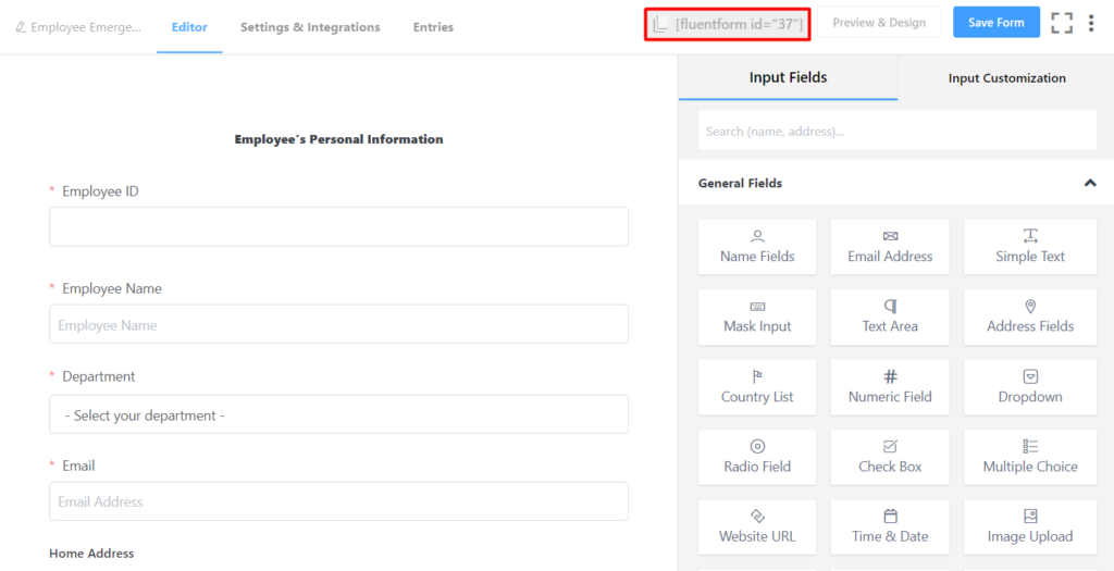 Fluent Forms Shortcode