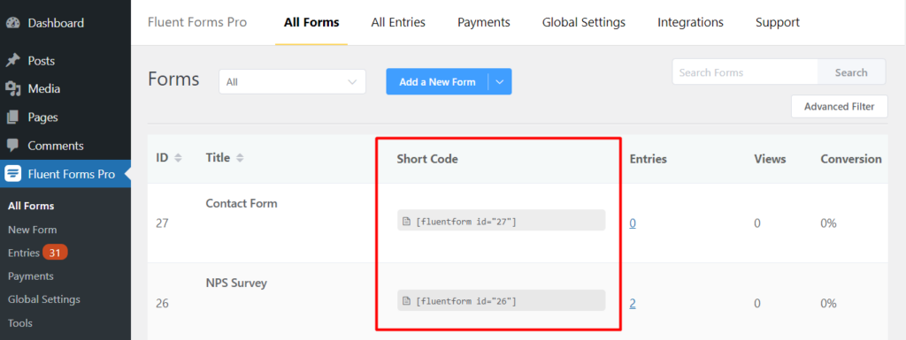 Fluent Forms shortcode