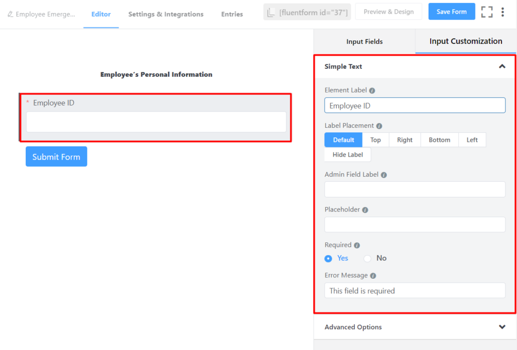 Adding Employee ID input field