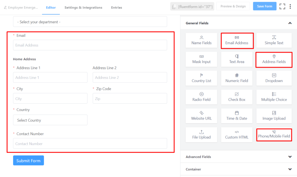 Adding different fields to the emergency contact form