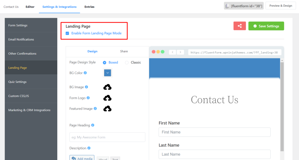 Enabling Landing Page feature of Fluent Forms