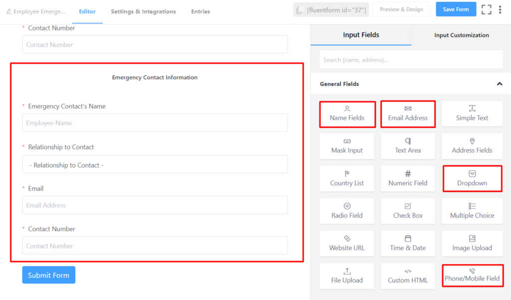 Adding different fields to the emergency contact form