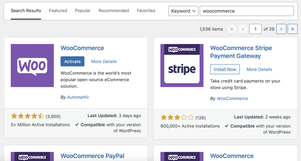 WooCommerce installation in WordPress