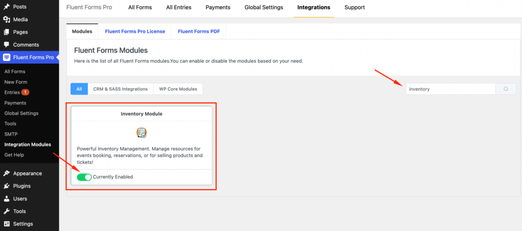 Inventory Module Enable in Fluent Forms