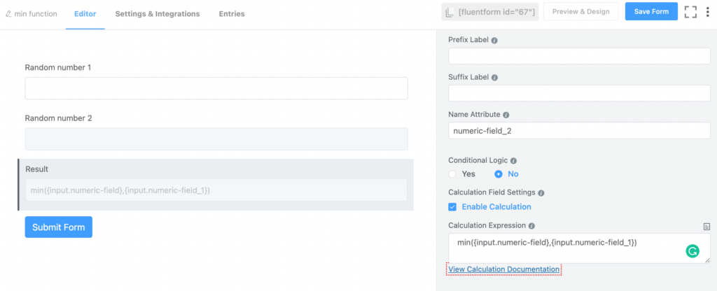 Min function in the numeric field - Fluent Forms 4.3.13