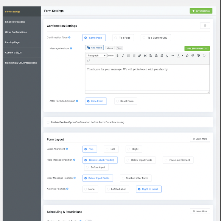 Fluent Forms settings, WordPress